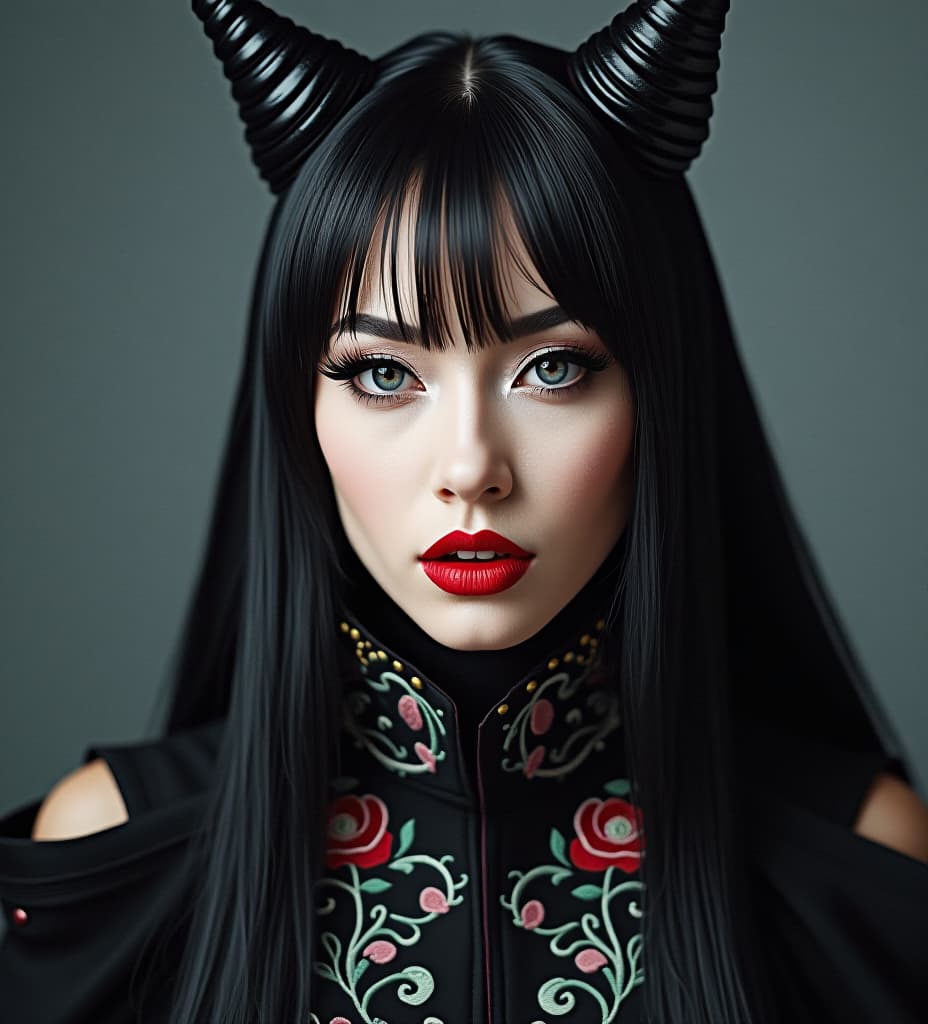  lady gaga posing in a cinematic portrait. she is dressed in a weird artistic black outfit with gothic embroidery. she has long black thin hair and a weird head piece with the shape of two giant spikes. her eyebrows are bleached and her skin is pale with red lipstick. the quality is stunningly clear and the background is solid grey. close up portrait with very dark dramatic feel. magazine cover shoot, high quality, high details, hd, perfect composition, 4k epic detailed, highly detailed, sharp focus, high resolution