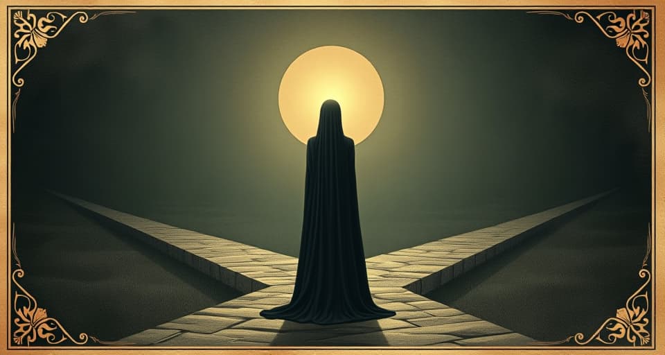  a figure with an aura of light around their head, standing at a crossroads, paths diverging into the shadows, sense of destiny, silent. an illustration in the style of a worn, mystical old tarot trump card, mysterious and elements of surrealism. the colors are muted, somber and eerie, but with contrast bring out an occult and esoteric vibe.