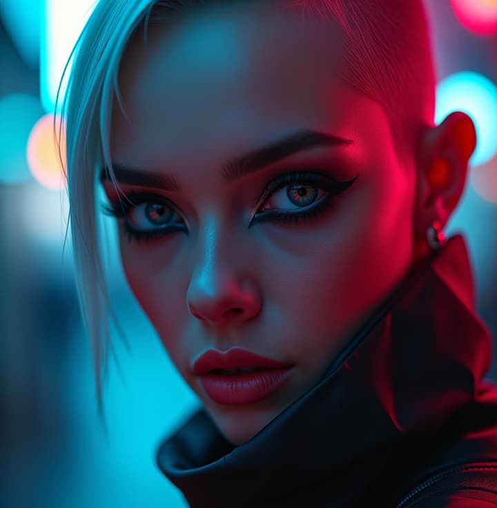  ultra realistic close up portrait ((beautiful pale cyberpunk female with heavy black eyeliner)), blue eyes, shaved side haircut, hyper detail, cinematic lighting, magic neon, dark red city, canon eos r3, nikon, f/1.4, iso 200, 1/160s, 8k, raw, unedited, symmetrical balance, in frame, 8k hyperrealistic, full body, detailed clothing, highly detailed, cinematic lighting, stunningly beautiful, intricate, sharp focus, f/1. 8, 85mm, (centered image composition), (professionally color graded), ((bright soft diffused light)), volumetric fog, trending on instagram, trending on tumblr, HDR 4K, 8K