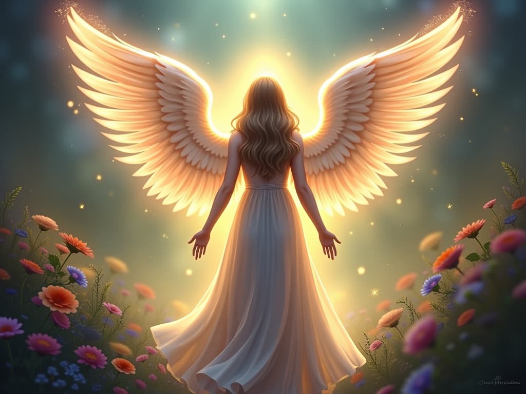  an ethereal angel with luminous wings, surrounded by a radiant aura, standing in an enchanted garden, symbolizing the brilliance of the soul, divine, resplendent.. the style is digital art illustration,highly detailed, whimsical,magical, dreamlike atmosphere, realism and fantasy blend, smooth, glossy textures,luminous quality, wonder and enchantment.