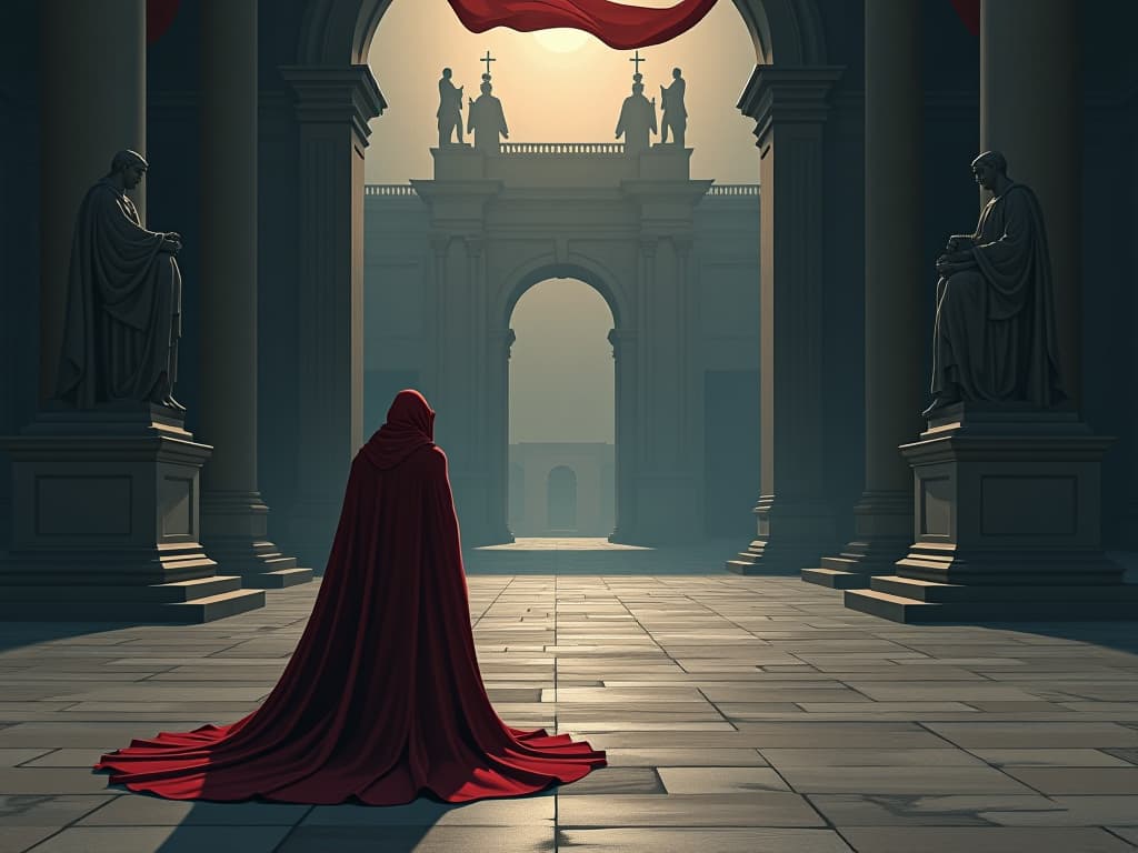  red robed figure standing at the edge of an empty city plaza, statues casting long shadows, ambiance of avoidance of the past. the style is digital art illustration / modern comic book / graphic dark novel fantasy and mysterious occult, symbolic, moody lighting, esoteric vibe,high detail on character design. for the color scheme emphasize blacks and reds.