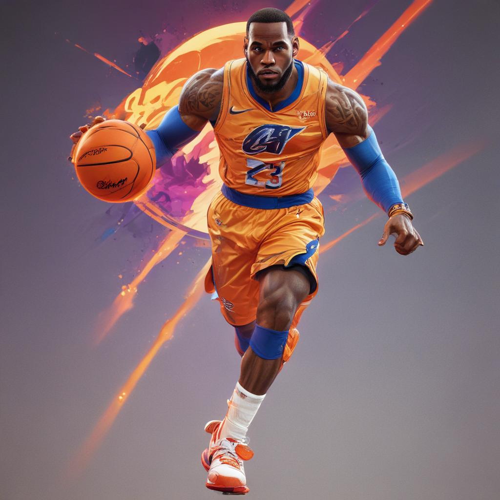 distance-shot, flashy, full-body, dynamic, holographic, animated cartoon poster of lebron james in the style of dragon ball super