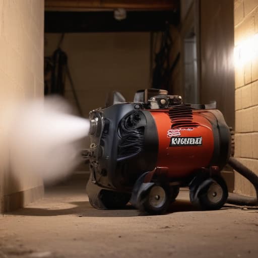 A photo of a professional vent cleaner using a high-powered air compressor to clear dust and debris in a dimly lit, atmospheric basement during early evening. The only source of light is a single industrial work light casting dramatic shadows and highlighting the dust particles in the air, creating a visually striking and moody atmosphere that emphasizes the meticulous and essential nature of vent cleaning services.