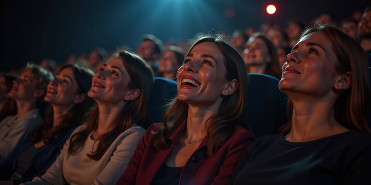  cinematic photo picture a group of spectators in the cinema, who are in different emotional states laughter, tears, fear with bright expressive faces reflecting the experience of watching the film, from above the rays from the film projector, the play of shadows on the faces of the audience . 35mm photograph, film, bokeh, professional, 4k, highly detailed