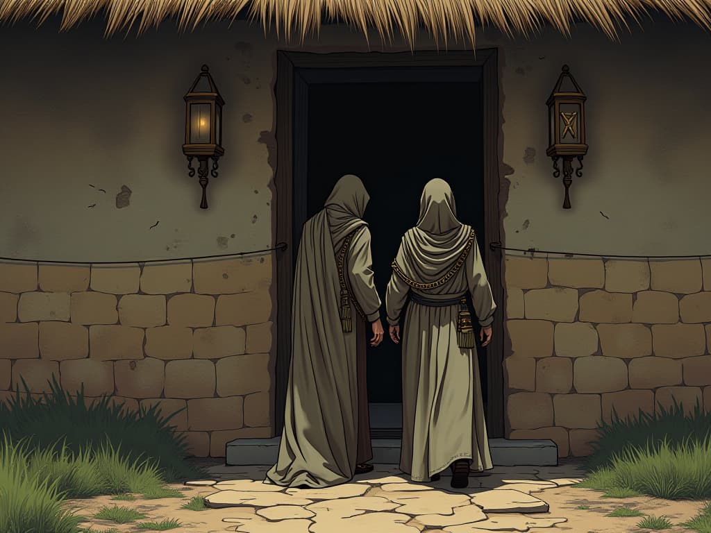  two figures, cloaked in travel worn robes, knocking on a simple, wooden door of a humble cottage, weary expressions, air of seeking shelter. the style is digital art illustration / modern comic book / mysterious occult, symbolic, esoteric vibe,high detail on character design, incorporating ancient egyptian symbology and attire.