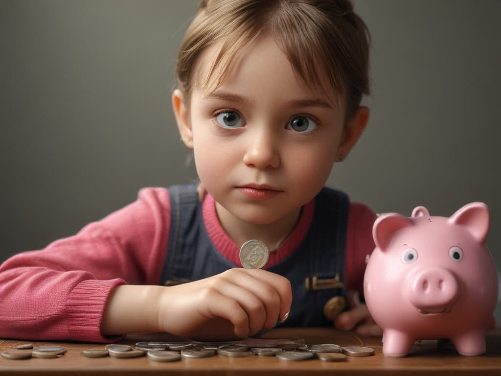 ultra realistic ((ultra realistic ((a child putting coins into a piggy bank with a determined expression)))) hyperrealistic, full body, detailed clothing, highly detailed, cinematic lighting, stunningly beautiful, intricate, sharp focus, f/1. 8, 85mm, (centered image composition), (professionally color graded), ((bright soft diffused light)), volumetric fog, trending on instagram, trending on tumblr, HDR 4K, 8K