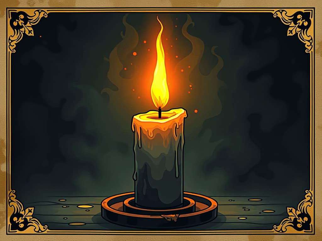  glowing ember within a stout candle, flame burning steadily, warm hues of orange and yellow, surrounding darkness, symbolizing unwavering resolve, calm and strength. an illustration in the style of a worn, mystical old tarot trump card, mysterious and elements of surrealism. the colors are muted, somber and eerie, but with contrast bring out an occult and esoteric vibe.