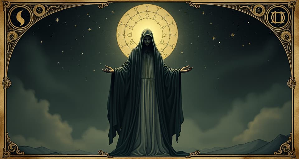  an ethereal being cloaked in flowing garments, emanating a soft, mystical glow, large ancient symbols aura around head, backdrop of a dark starry night, otherworldly, enchanting. an illustration in the style of a worn, mystical old tarot trump card, mysterious and elements of surrealism. the colors are muted, somber and eerie, but with contrast bring out an occult and esoteric vibe.