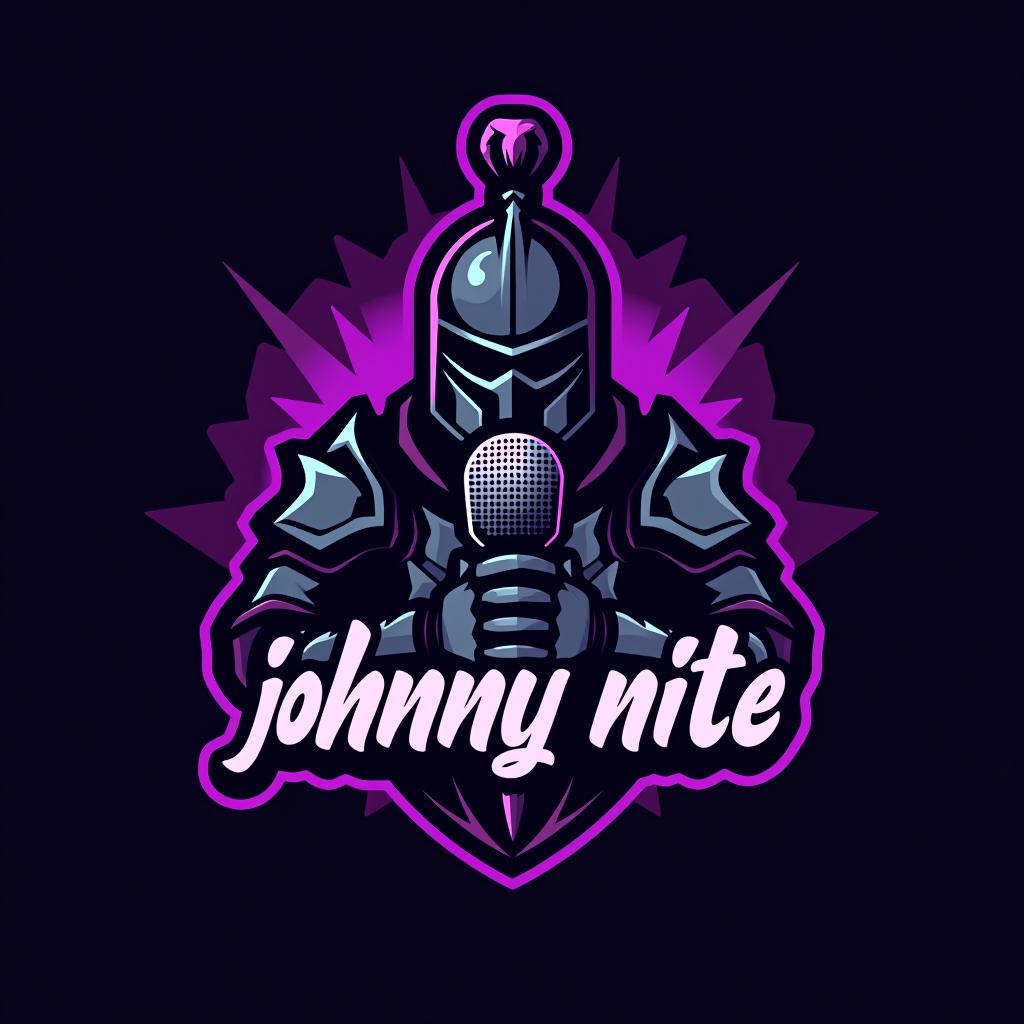  design a logo, in a geometric style. knight with a gaming mic graffiti purple and black, with the text 'johnny nite'.