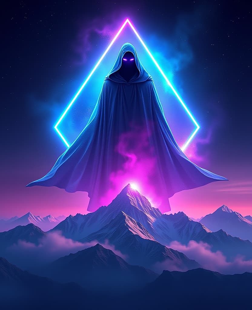  an epic logo for "flux 20b", depicting a space wizard in the style of a nebula background with blue and purple neon text on a white glowing background floating over a mountain range