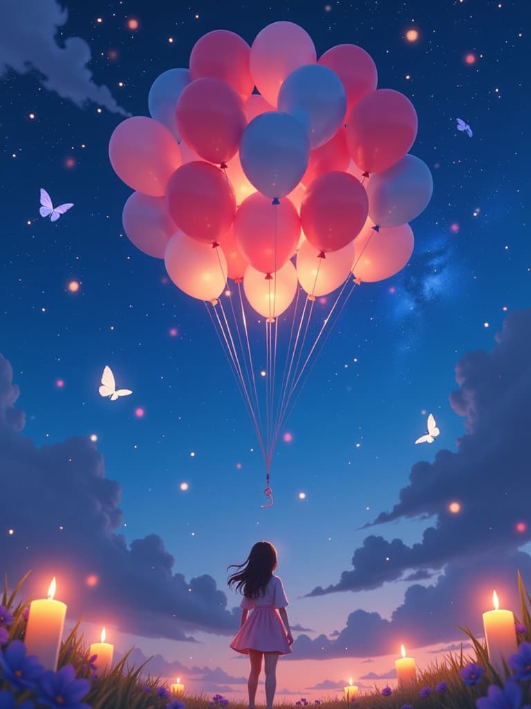  /changemodel a bunch of balloons floating in the sky, cosmic skies. by makoto shinkai, moonlit starry sky environment, candle light, sao, glowing blue butterflies, rain on screen, sparkle, twitter, floating candles, cute! c4d, anime hi fructose, production i.g hyperrealistic, full body, detailed clothing, highly detailed, cinematic lighting, stunningly beautiful, intricate, sharp focus, f/1. 8, 85mm, (centered image composition), (professionally color graded), ((bright soft diffused light)), volumetric fog, trending on instagram, trending on tumblr, HDR 4K, 8K