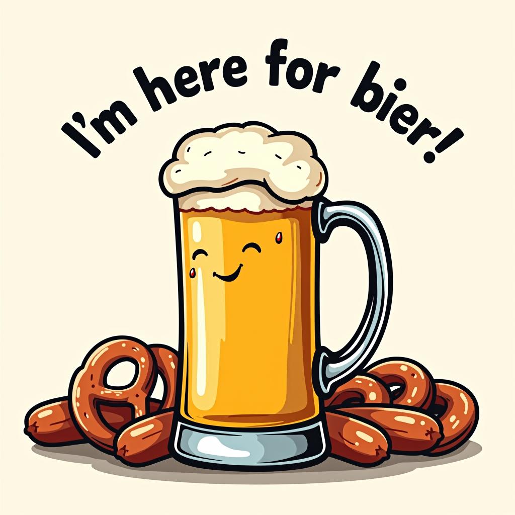  a playful beer stein at the center with 'i'm here for the bier!' arched above, surrounded by pretzels and sausages.