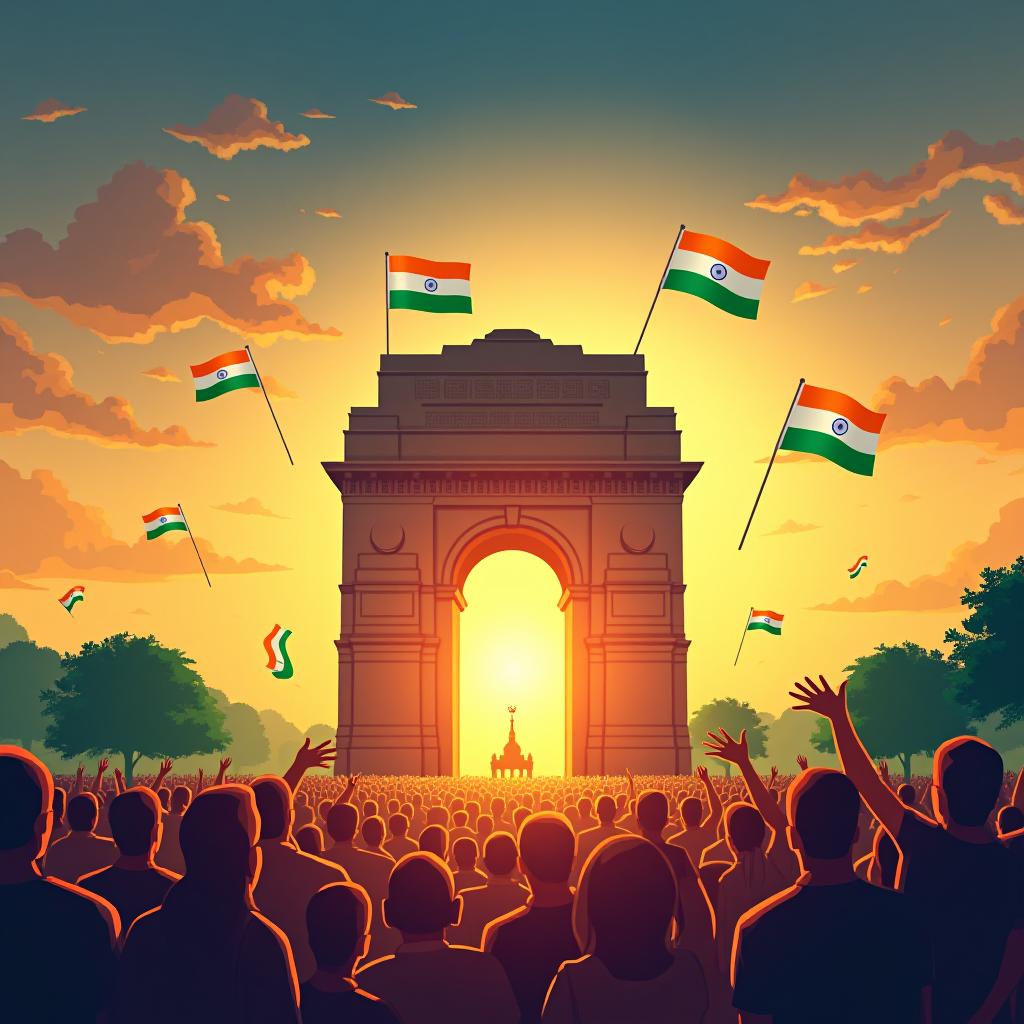  good quality, high quality, create a vibrant and festive image celebrating india's independence day. incorporate elements such as the indian tricolor flag, patriotic symbols, and traditional decorations. include joyful crowds, cultural performances, and iconic landmarks like the india gate or red fort. the overall mood should be celebratory and filled with national pride.