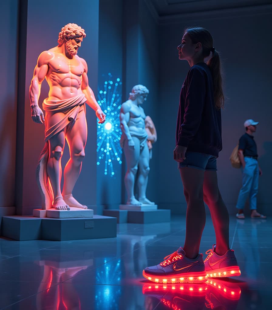  concept art text ('artgeneration.me' “step to inspiration!”: 1.5). bright expressive letters: luminous. (background: neural network: 1.5), geometry of space. (in the museum on the background of the marble sculpture “ discobolus” of the ancient greek hero:1.5) image with elements of holography. (double exposure: 1,2). vector image, logo in vector art style. (black outline silhouette:1,3) girl wearing a pair of fashionable sneakers: bright laces and neon glowing sole. . digital artwork, illustrative, painterly, matte painting, highly detailed