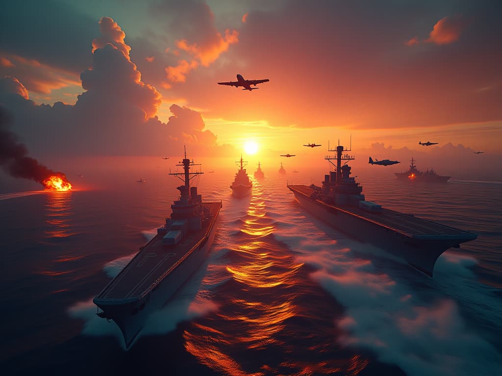  a dramatic scene depicting the intense naval battle of the philippine sea during world war ii, featuring american aircraft carriers and japanese warships engaged in combat, with explosions and fighter planes in the sky, showcasing the chaos of the battle on june 19, 1944. the atmosphere is tense, with a vivid sunset illuminating the tumultuous ocean. hyperrealistic, full body, detailed clothing, highly detailed, cinematic lighting, stunningly beautiful, intricate, sharp focus, f/1. 8, 85mm, (centered image composition), (professionally color graded), ((bright soft diffused light)), volumetric fog, trending on instagram, trending on tumblr, HDR 4K, 8K