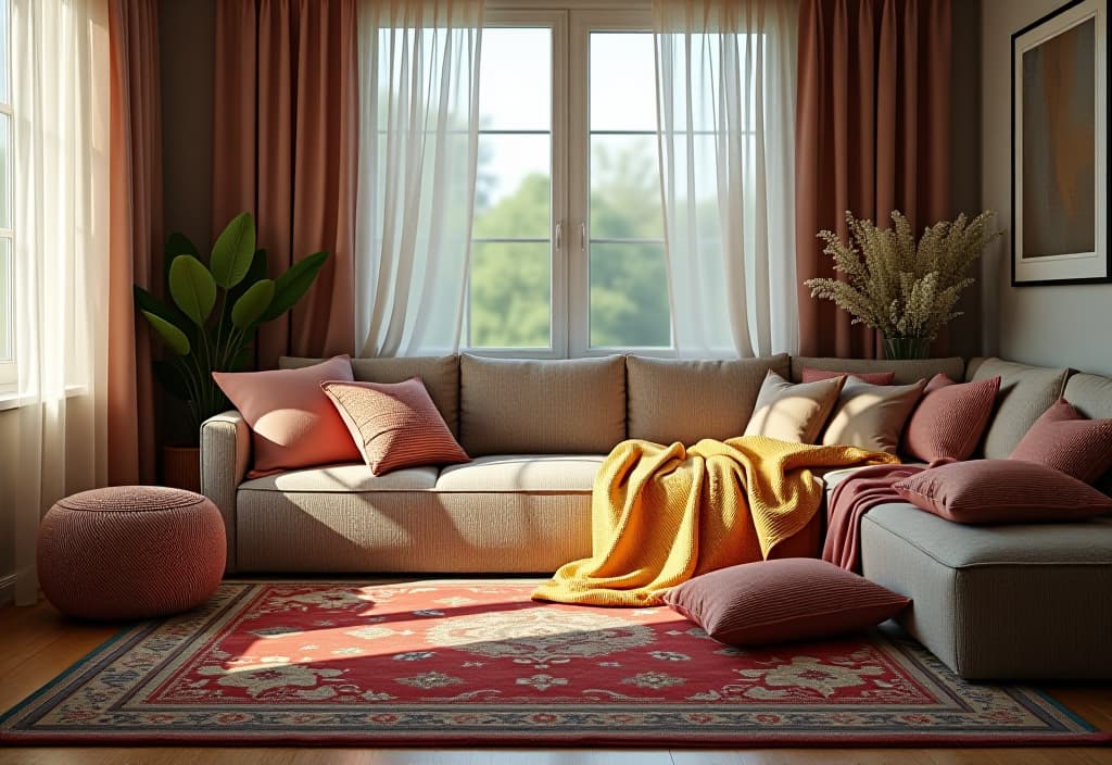  a landscape photo of a collection of living room textiles, including curtains, throw pillows, and area rugs, arranged to showcase complementary patterns and textures hyperrealistic, full body, detailed clothing, highly detailed, cinematic lighting, stunningly beautiful, intricate, sharp focus, f/1. 8, 85mm, (centered image composition), (professionally color graded), ((bright soft diffused light)), volumetric fog, trending on instagram, trending on tumblr, HDR 4K, 8K