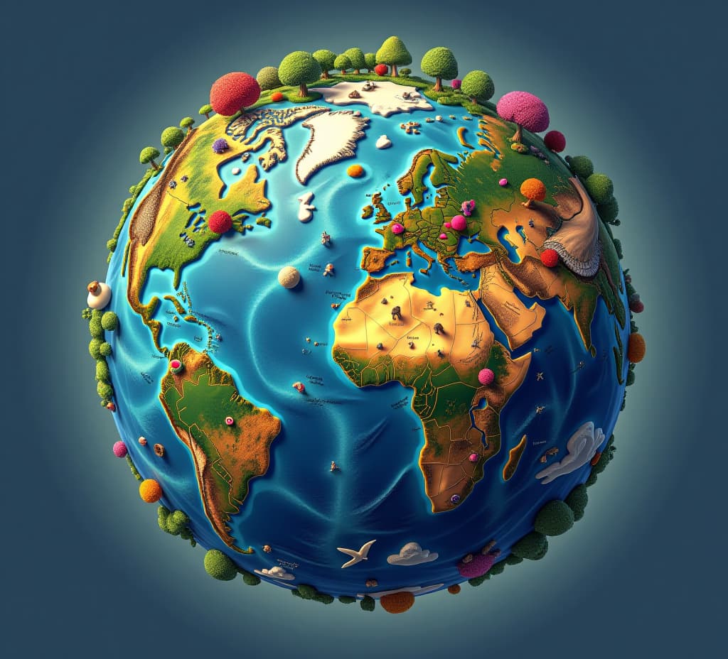  a colorful and vibrant image of planet earth, with various elements of nature, such as trees, animals, and flowers