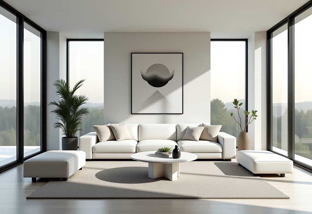  a landscape photo of a minimalist living room with floor to ceiling windows, featuring a sleek white leather sofa, geometric coffee table, and abstract art piece, showcasing a perfect balance of simplicity and style hyperrealistic, full body, detailed clothing, highly detailed, cinematic lighting, stunningly beautiful, intricate, sharp focus, f/1. 8, 85mm, (centered image composition), (professionally color graded), ((bright soft diffused light)), volumetric fog, trending on instagram, trending on tumblr, HDR 4K, 8K