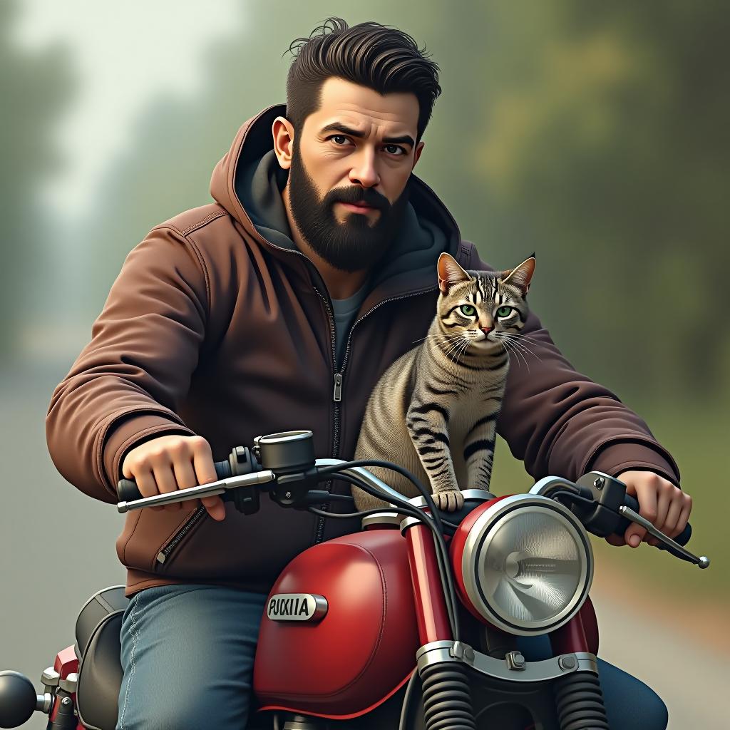  a bearded man is riding a red motorcycle, with a gray striped cat sitting on the gas tank in front of him. realistic style.