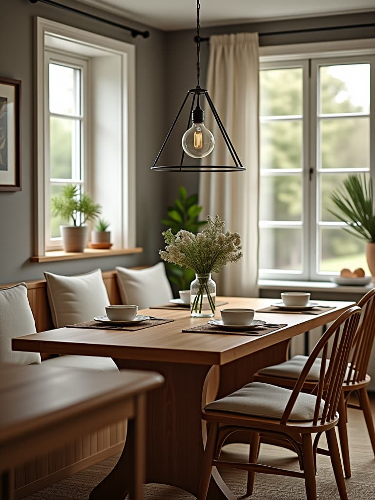  this stunningly beautiful, hyperrealistic 8k photograph captures a cozy breakfast nook designed in modern farmhouse style, characterized by rustic charm, modern elements, neutral colors, and natural textures. the unedited image is professionally color graded and features sharp, highly detailed, symmetrical balance with a close up point of view. the cinematic lighting creates a movie like atmosphere with bright, soft, diffused light enhancing the dense furnishings and intricate decorations. the background blurs intricately, adding depth and focus to the scene, presented in hdr for enhanced realism.