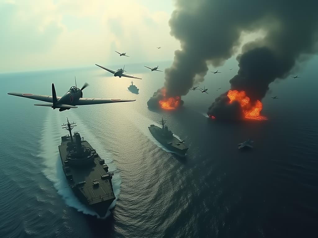  a dramatic scene depicting the naval battle of the philippines, june 19, 1944, showcasing a fierce aerial engagement between japanese and american aircraft, with aircraft carriers in the background, smoke and explosions filling the sky, emphasizing the intensity and chaos of world war ii naval warfare. hyperrealistic, full body, detailed clothing, highly detailed, cinematic lighting, stunningly beautiful, intricate, sharp focus, f/1. 8, 85mm, (centered image composition), (professionally color graded), ((bright soft diffused light)), volumetric fog, trending on instagram, trending on tumblr, HDR 4K, 8K