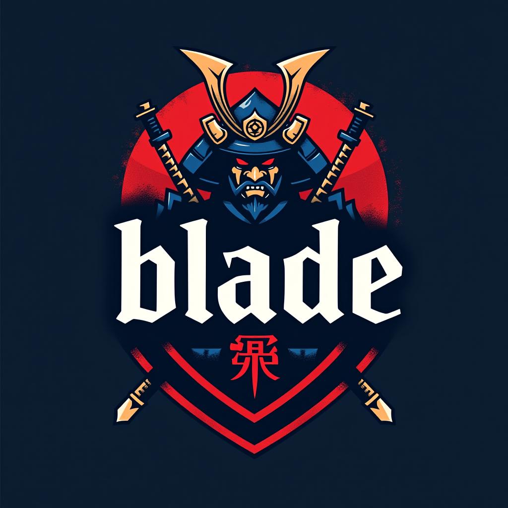  design a logo, emblem logo, with the written text ‘blade’, samurai theme, red and blue.