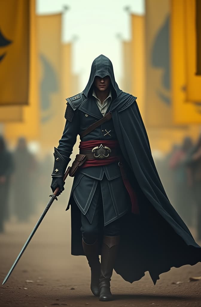  assassin's creed army black and yellow banners hyperrealistic, full body, detailed clothing, highly detailed, cinematic lighting, stunningly beautiful, intricate, sharp focus, f/1. 8, 85mm, (centered image composition), (professionally color graded), ((bright soft diffused light)), volumetric fog, trending on instagram, trending on tumblr, HDR 4K, 8K