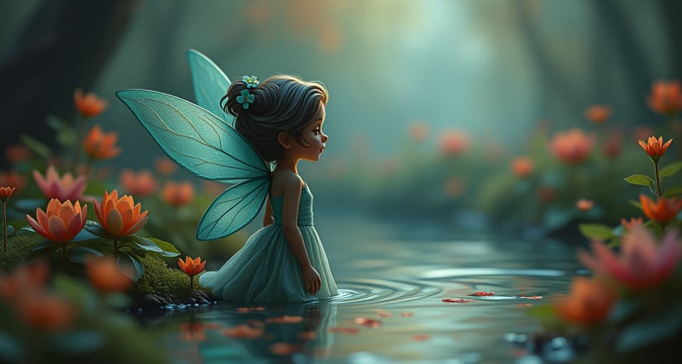  whimsical fairy, standing by a glistening spring, her expression serene and focused, surrounded by glowing flora, atmosphere of deep, heartfelt devotion. the style is digital art illustration,highly detailed, whimsical,magical, dreamlike atmosphere, realism and fantasy blend, smooth, glossy textures,luminous quality, wonder and enchantment.