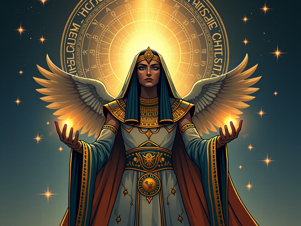  a celestial figure decoding ancient runes, radiant light emanating, aura of profound understanding, starry backdrop. the style is digital art illustration / modern comic book / mysterious occult, symbolic, esoteric vibe,high detail on character design, incorporating ancient egyptian symbology and attire.