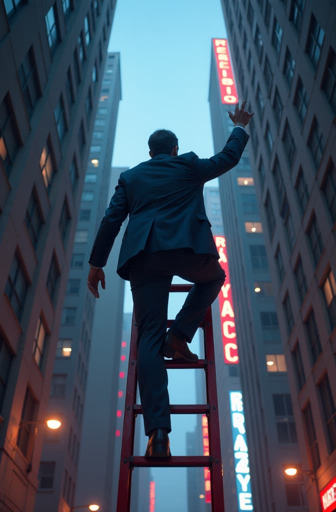  businessman climbs a high ladder split in half, hand outstretched with the missing part of the ladder and a neon high rise real estate backdrop. hyperrealistic, full body, detailed clothing, highly detailed, cinematic lighting, stunningly beautiful, intricate, sharp focus, f/1. 8, 85mm, (centered image composition), (professionally color graded), ((bright soft diffused light)), volumetric fog, trending on instagram, trending on tumblr, HDR 4K, 8K