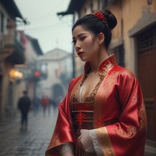 Chinese in southern Italy baroque style town hyperrealistic, full body, detailed clothing, highly detailed, cinematic lighting, stunningly beautiful, intricate, sharp focus, f/1. 8, 85mm, (centered image composition), (professionally color graded), ((bright soft diffused light)), volumetric fog, trending on instagram, trending on tumblr, HDR 4K, 8K