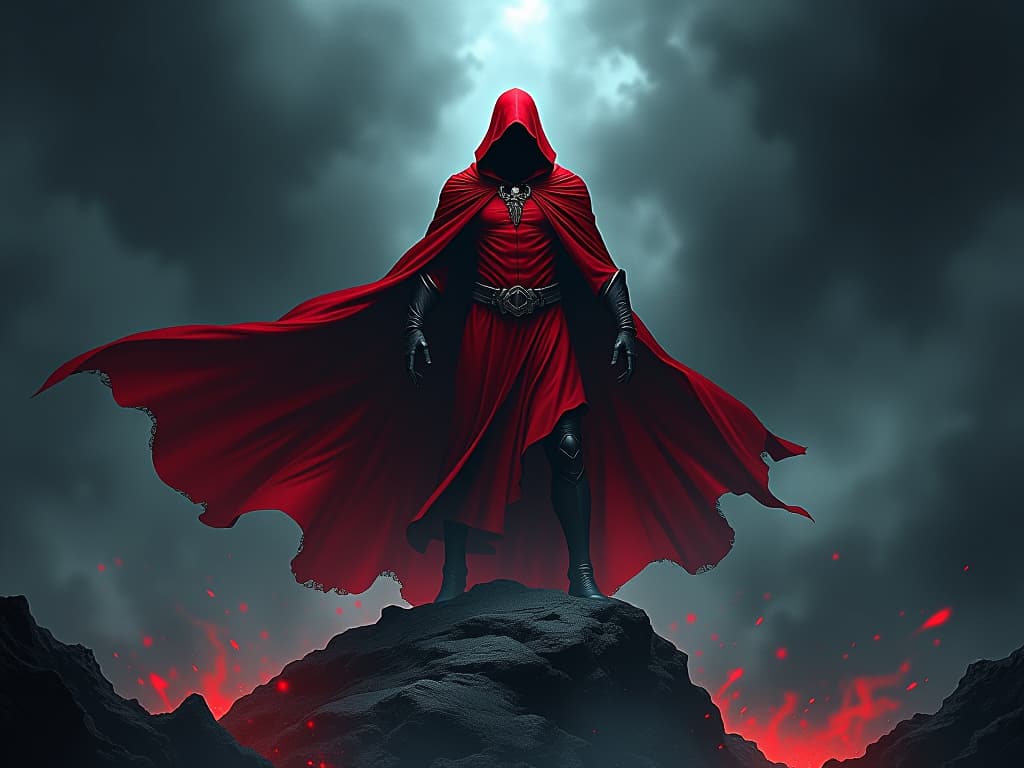  red clad figure, standing tall in a storm, aura of resilience and success, contrasting with the chaos around. the style is digital art illustration / modern comic book / graphic dark novel fantasy and mysterious occult, symbolic, moody lighting, esoteric vibe,high detail on character design. for the color scheme emphasize blacks and reds.