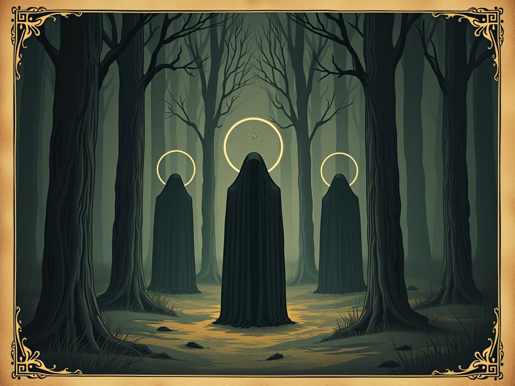  visible and unseen guardians, faint glowing outlines, surrounding a figure in a dark forest, quiet protection, sense of presence, vigilant. an illustration in the style of a worn, mystical old tarot trump card, mysterious and elements of surrealism. the colors are muted, somber and eerie, but with contrast bring out an occult and esoteric vibe.