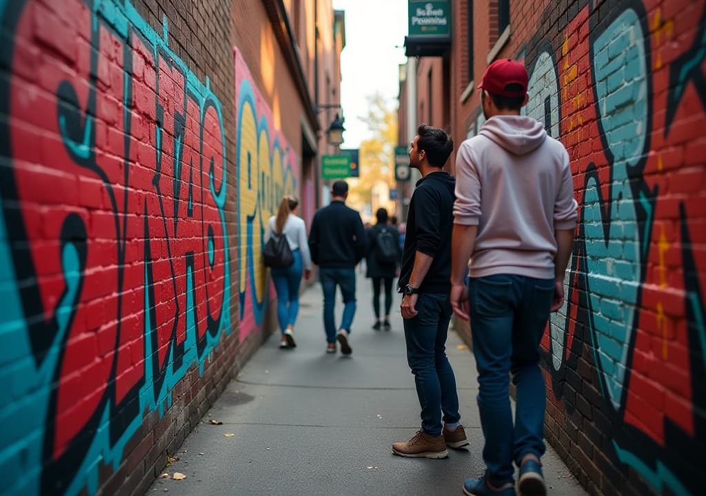  a lively graffiti tour in toronto, showcasing participants interacting with vibrant street art, colorful murals on brick walls, and local artists discussing their work, all set against the backdrop of eclectic neighborhoods like kensington market and the distillery district. hyperrealistic, full body, detailed clothing, highly detailed, cinematic lighting, stunningly beautiful, intricate, sharp focus, f/1. 8, 85mm, (centered image composition), (professionally color graded), ((bright soft diffused light)), volumetric fog, trending on instagram, trending on tumblr, HDR 4K, 8K