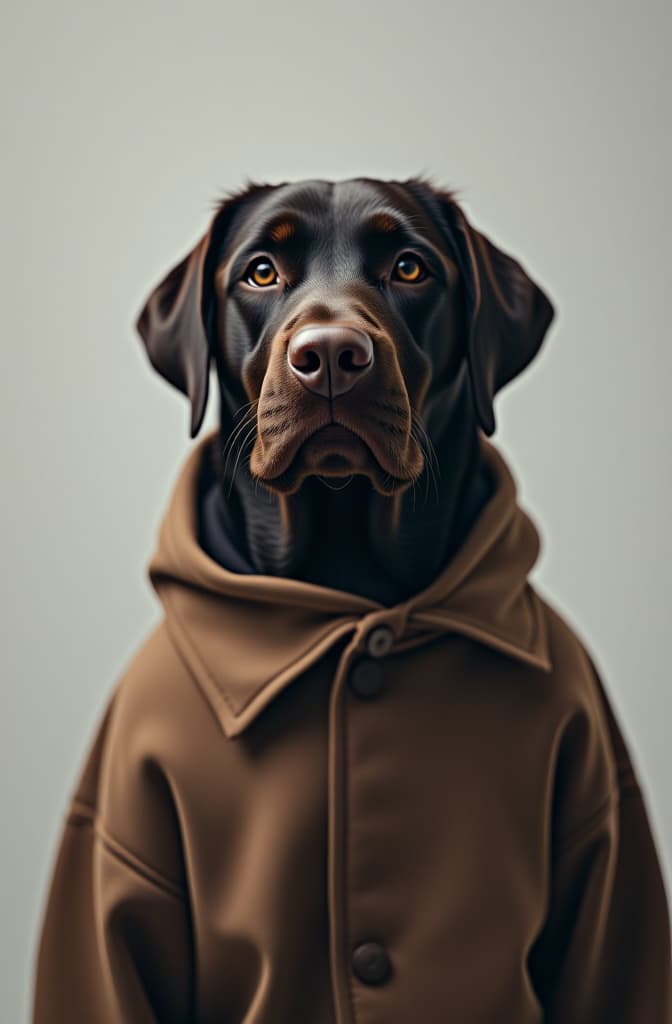  labrador chocolate minimalista hyperrealistic, full body, detailed clothing, highly detailed, cinematic lighting, stunningly beautiful, intricate, sharp focus, f/1. 8, 85mm, (centered image composition), (professionally color graded), ((bright soft diffused light)), volumetric fog, trending on instagram, trending on tumblr, HDR 4K, 8K