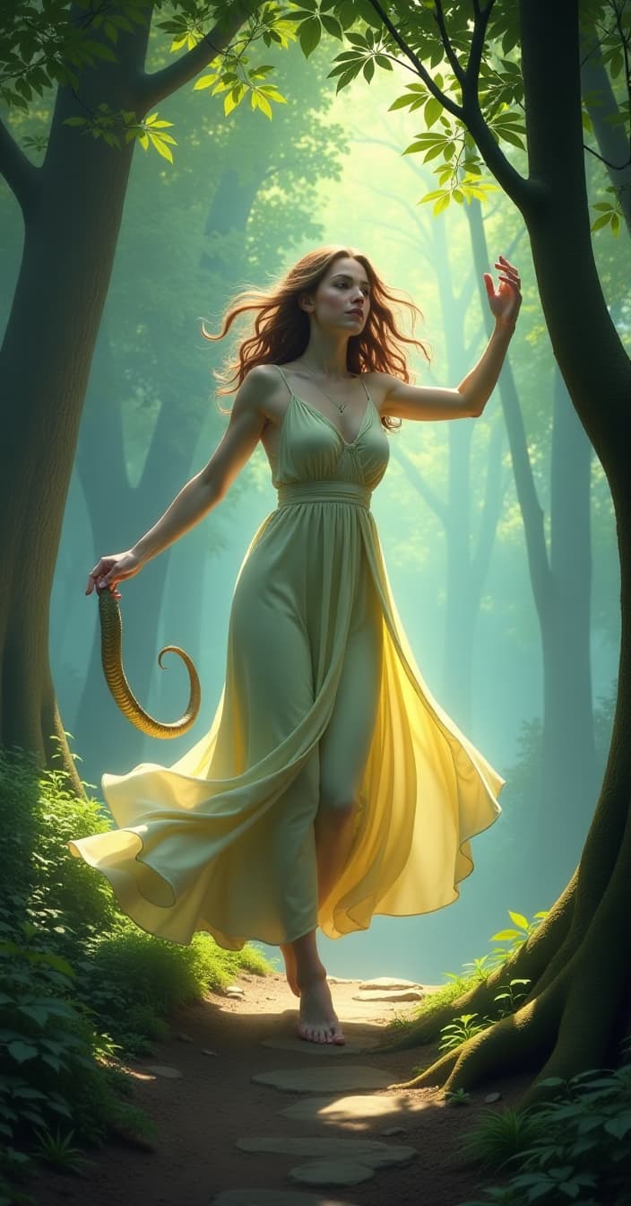  ethereal fantasy concept art of a woman with a serpent's forked tongue, barefoot dancing under trees . magnificent, celestial, ethereal, painterly, epic, majestic, magical, fantasy art, cover art, dreamy