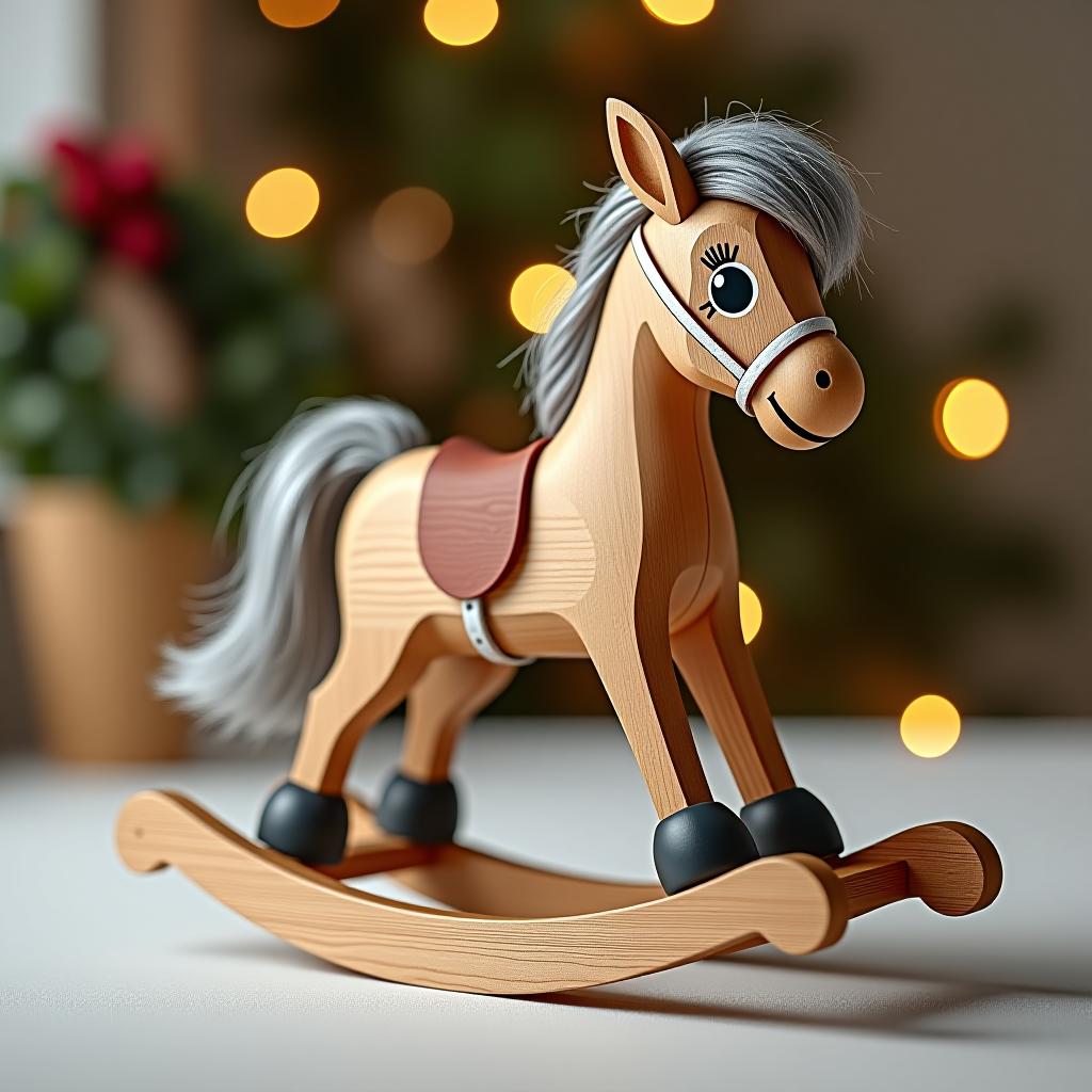  3d wooden cute rocking horse standing sideways with a long body, featuring adorable large round reflective eyes, long gray fur, and christmas themed elements.