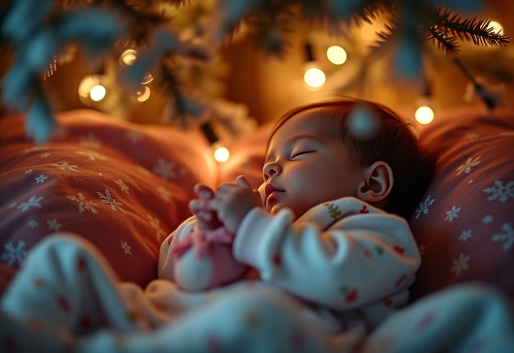  hyperrealistic art a newborn girl in a new year's pajamas sleeps under a bright tree with girlands on christmas. there's a new year's toy in her hands, snowflakes fly around. . extremely high resolution details, photographic, realism pushed to extreme, fine texture, incredibly lifelike hyperrealistic, full body, detailed clothing, highly detailed, cinematic lighting, stunningly beautiful, intricate, sharp focus, f/1. 8, 85mm, (centered image composition), (professionally color graded), ((bright soft diffused light)), volumetric fog, trending on instagram, trending on tumblr, HDR 4K, 8K