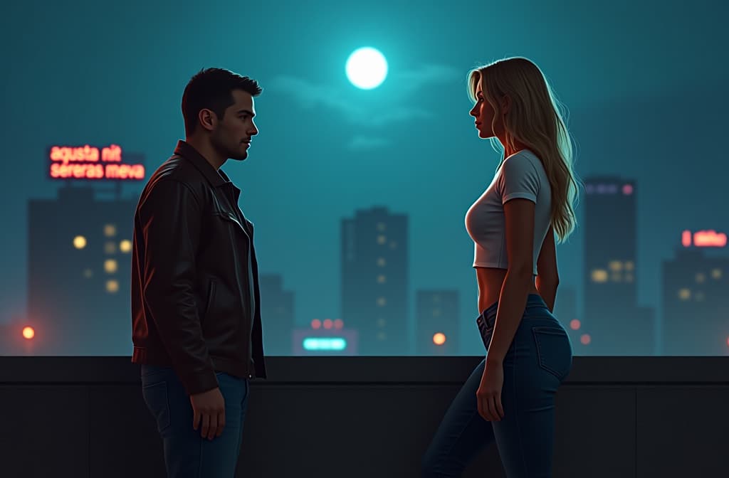  a captivating cinematic illustration of a moonlit cityscape, where a tall, blonde woman in her 30s, exudes confidence and sensuality in tight jeans and a white short sleeved shirt. she gazes longingly at a mysterious man dressed in jeans and a leather jacket by a wall. in the background, a neon sign with the phrase "aquesta nit seras meva" in the city sky, adding an air of intrigue and romance, realistic, portrait, art by donato giancola and greg rutkowski, realistic face, digital art, trending on artstation hyperrealistic, full body, detailed clothing, highly detailed, cinematic lighting, stunningly beautiful, intricate, sharp focus, f/1. 8, 85mm, (centered image composition), (professionally color graded), ((bright soft diffused light)), volumetric fog, trending on instagram, trending on tumblr, HDR 4K, 8K