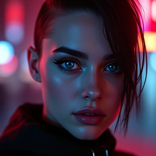  ultra realistic close up portrait ((beautiful pale cyberpunk female with heavy black eyeliner)), blue eyes, shaved side haircut, hyper detail, cinematic lighting, magic neon, dark red city, canon eos r3, nikon, f/1.4, iso 200, 1/160s, 8k, raw, unedited, symmetrical balance, in frame, 8k hyperrealistic, full body, detailed clothing, highly detailed, cinematic lighting, stunningly beautiful, intricate, sharp focus, f/1. 8, 85mm, (centered image composition), (professionally color graded), ((bright soft diffused light)), volumetric fog, trending on instagram, trending on tumblr, HDR 4K, 8K