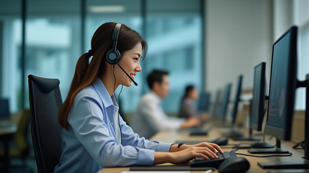  happy china call center agent wearing headset talking to client working in customer support office. professional contract service telemarketing operator using laptop having conversation. ar 16:9 {prompt}, maximum details