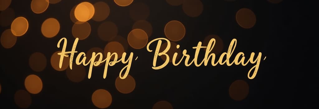  professional detailed photography, blurred golden bokeh on black background with happy birthday text ar 3:1, (muted colors, dim colors, soothing tones), (vsco:0.3)