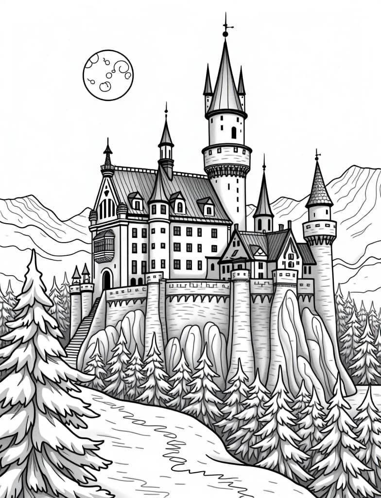  this is for an adult coloring page. a detailed black and white line art of a snowy snow covered castle on a hill with a full moon in the background on a solid white background.