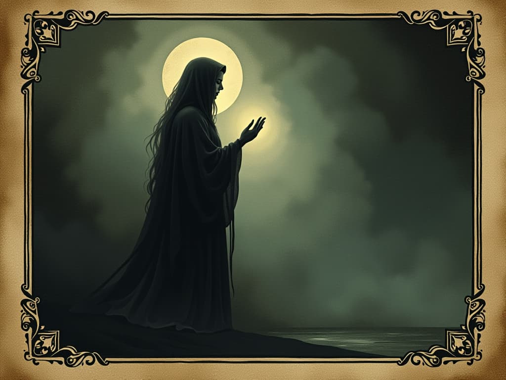  figure receiving whispers of wisdom, light, ethereal whispers illustrated, guiding figure through shadow, calm expressions, serene backdrop, higher realms guidance, subtle light whispers. an illustration in the style of a worn, mystical old tarot trump card, mysterious and elements of surrealism. the colors are muted, somber and eerie, but with contrast bring out an occult and esoteric vibe.