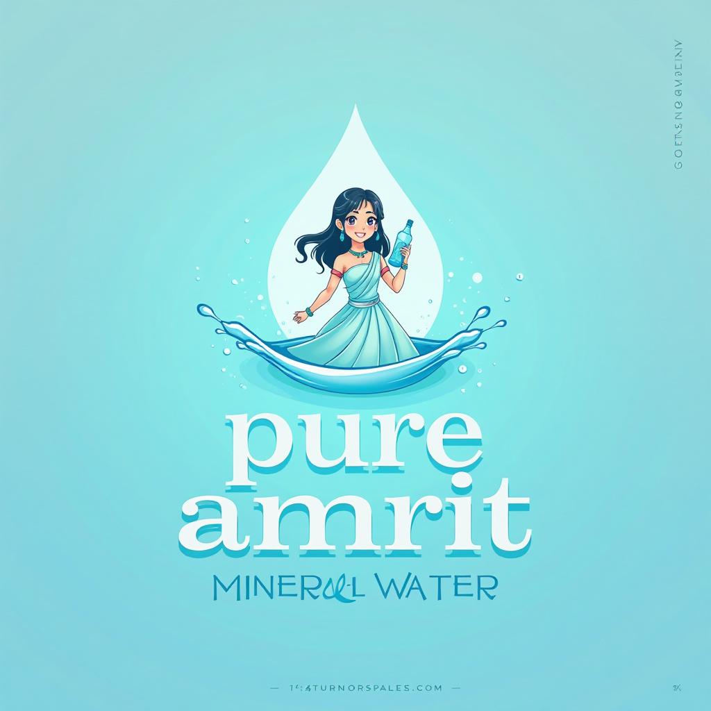  design a logo for a mineral water brand named 'pure amrit.' the logo should feature the text 'pure amrit' in an indian anime style font. above the text, include a small anime character of an indian girl, representing hydration and freshness, perhaps holding a water bottle. use a color palette of calming blues and greens to evoke a refreshing feel, with a transparent background for versatility., high quality, high details, hd, perfect composition, 4k epic detailed, highly detailed, sharp focus, high resolution