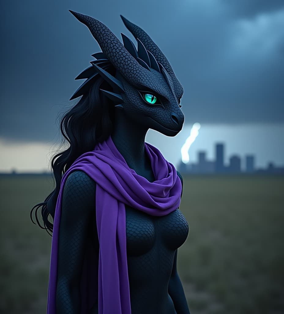  an alluring anthro dragon woman, black scales, four aqua eyes, asphalt colored long mane, feminine, and a long flowing wisteria colored scarf. in the background is a severe thunderstorm in the plains, with the oklahoma city skyline visible in the distance.