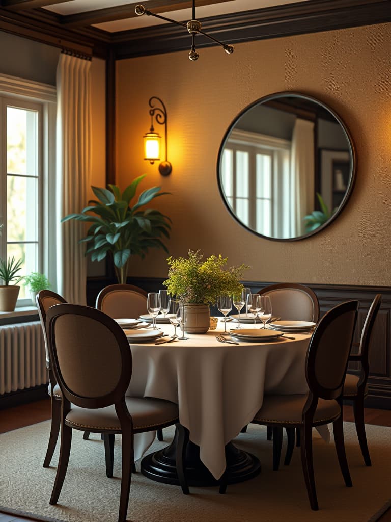  high quality portrait photo of a warm farmhouse dining room with a textured burlap covered accent wall, highlighted by soft sconce lighting and a large round mirror, viewed from the opposite corner hyperrealistic, full body, detailed clothing, highly detailed, cinematic lighting, stunningly beautiful, intricate, sharp focus, f/1. 8, 85mm, (centered image composition), (professionally color graded), ((bright soft diffused light)), volumetric fog, trending on instagram, trending on tumblr, HDR 4K, 8K