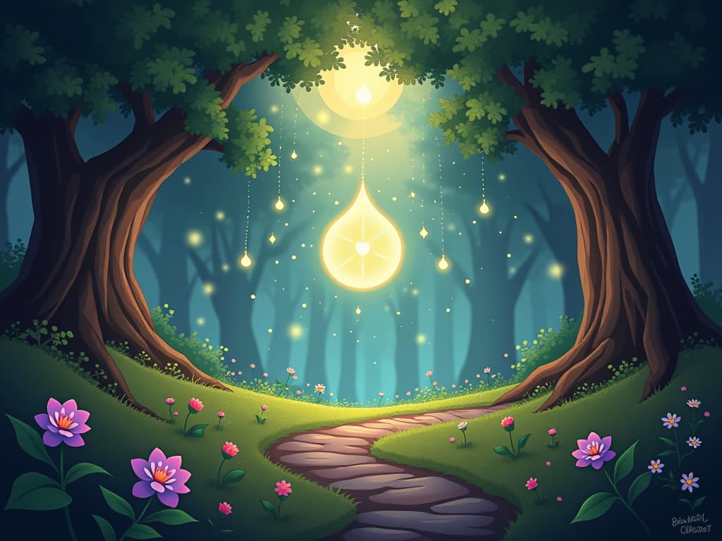  heartwarming scene of wholeness and self alignment in an ethereal forest. glowing symbols and enchanted light embolden spiritual integration.. the style is digital art illustration,highly detailed, whimsical,magical, dreamlike atmosphere, realism and fantasy blend, smooth, glossy textures,luminous quality, wonder and enchantment.