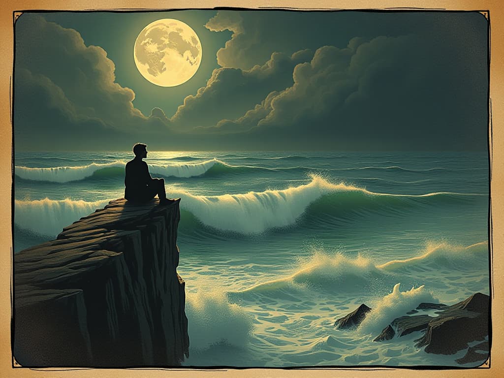  a person sitting on a cliff, waves of water crashing below, the water reflecting images of global events, contemplative, foresight. an illustration in the style of a worn, mystical old tarot trump card, mysterious and elements of surrealism. the colors are muted, somber and eerie, but with contrast bring out an occult and esoteric vibe.