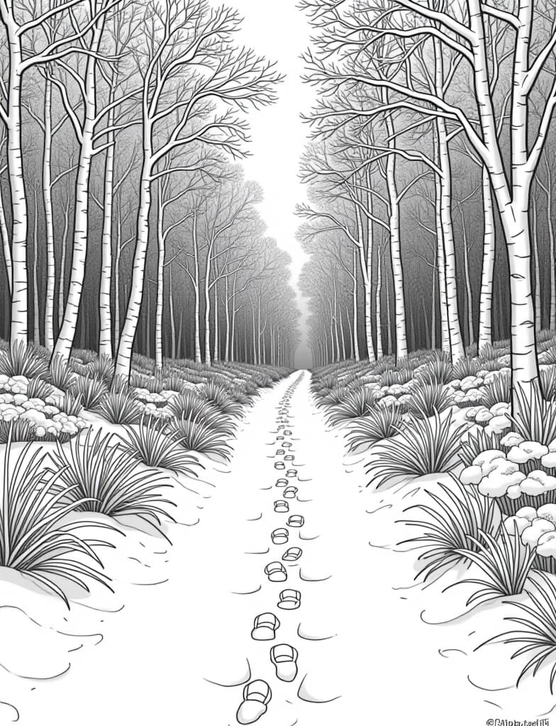  this is for an adult coloring page. a detailed black and white line art of a snowy snowy woodland trail with footprints leading through the trees on a solid white background.